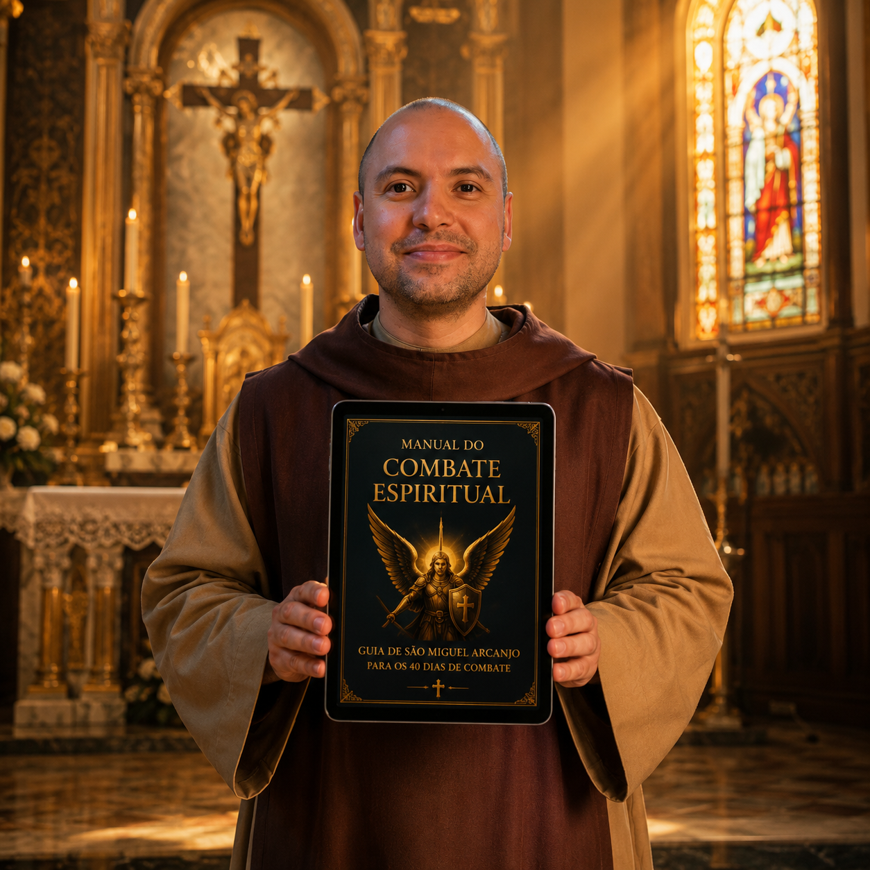 Padre segurando o Manual do Combate Espiritual